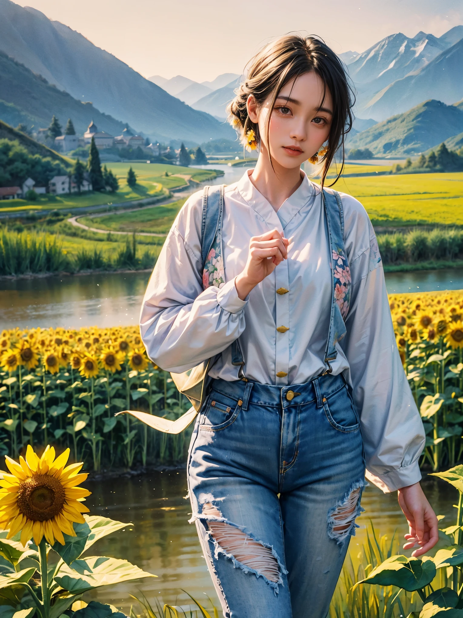 A beauty、sweet、Kind chinese village girl watercolor painting,Long black hair and warm brown skin,Wearing simple blue suspender jeans and a white plaid shirt,Very nice eyes and face,big watery eyes,long eyelashes,Beautiful teeth,Long legs,Perfect slender figure,Standing in a sunflower field at sunset,golden soft light,Beautiful village in the background,A river,A small bridge,mountains in the distance,(best picture quality,8k,high resolution,masterpiece:1.2),Super detailed,ultra high definition,Studio lighting,Super fine,Extremely detailed description,major,bright colors,Dutch Golden Age,pastel colors,Sunset lights,(floral watercolor painting:1.5),(Super high saturation, bright and vivid colors:1.5), (nsfw), (Look at the audience head-on:1.5)