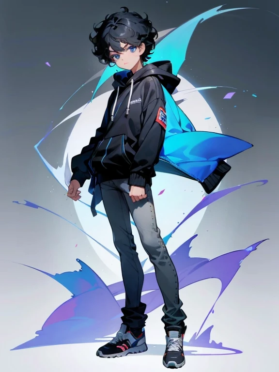 1 boy, juvenile，About 10 years old，handsome boy, black hair, curly hair，blue eyes，face is in front，whole body，he is wearing a white hoodie，The lower body is wearing black skinny jeans，For shoes, I wear high-cut sneakers，Standing picture