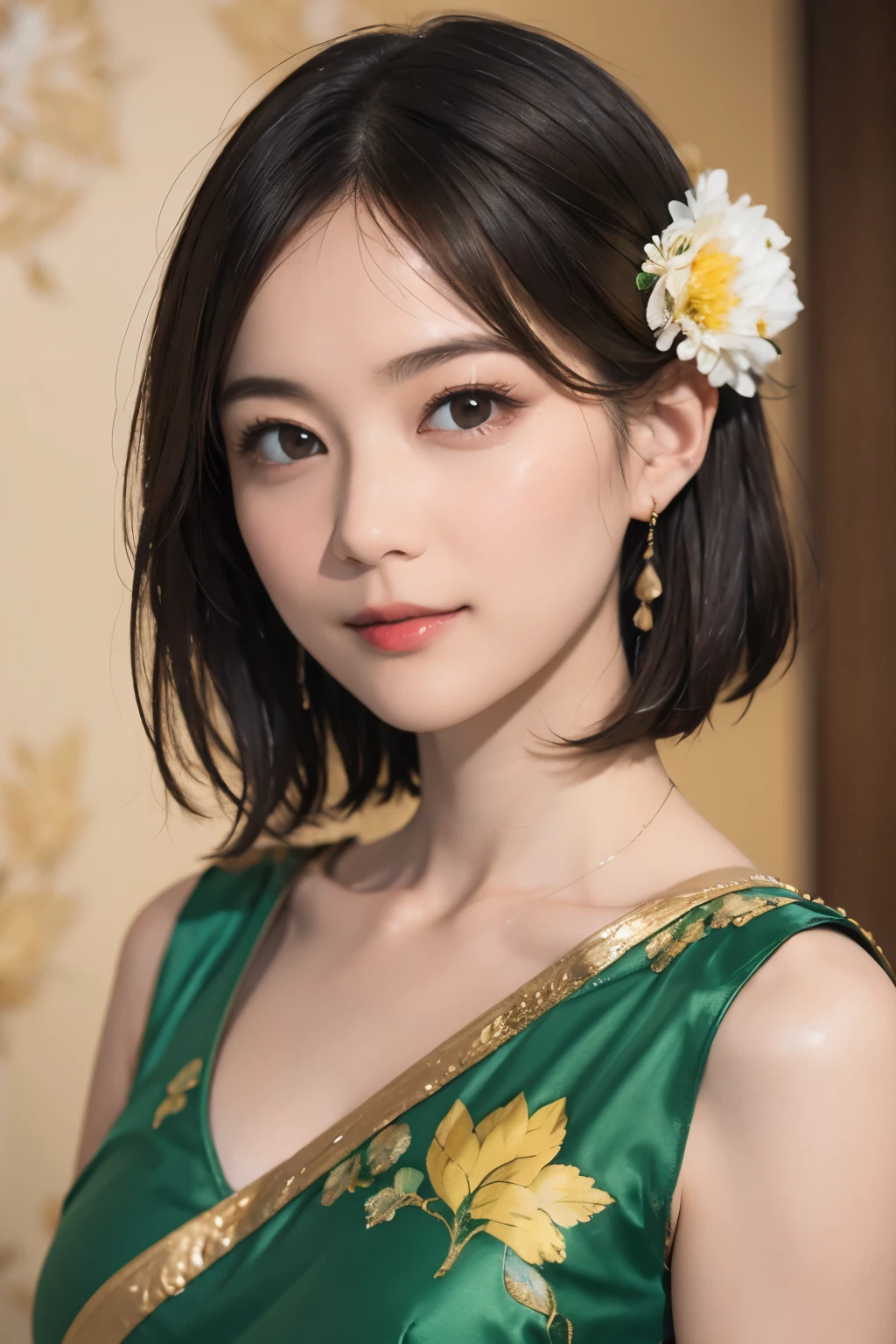 148
(20 year old woman,Floral costume), (surreal), (High resolution), ((beautiful hairstyle 46)), ((short hair:1.46)), (gentle smile), (breasted:1.1), (lipstick)
