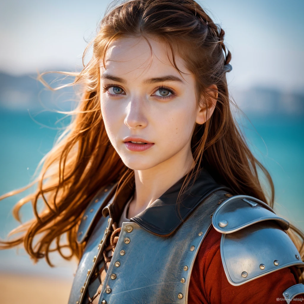 (best quality,4k,8k,highres,masterpiece:1.2),ultra-detailed,(realistic,photorealistic,photo-realistic:1.37),fantasy art,portrait,landscape,wind,hazel eyes,dirty face,medieval girl knight,12-year-old girl,red ponytail,armor made of leather, standing on a sandy beach,holding a sword,oppressive atmosphere,erotic facial expression,photo-realistic skin on her face,captivating view,alluring gaze,vivid colors,sharp focus