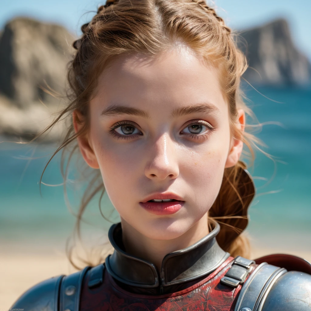 (best quality,4k,8k,highres,masterpiece:1.2),ultra-detailed,(realistic,photorealistic,photo-realistic:1.37),fantasy art,portrait,landscape,wind,hazel eyes,dirty face,medieval girl knight,-yeld gired ponytail,armor made of leather, standing on a sandy beach,holding a sword,oppressive atmosphere,erotic facial expression,photo-realistic skin on her face,captivating view,alluring gaze,vivid colors,sharp focus