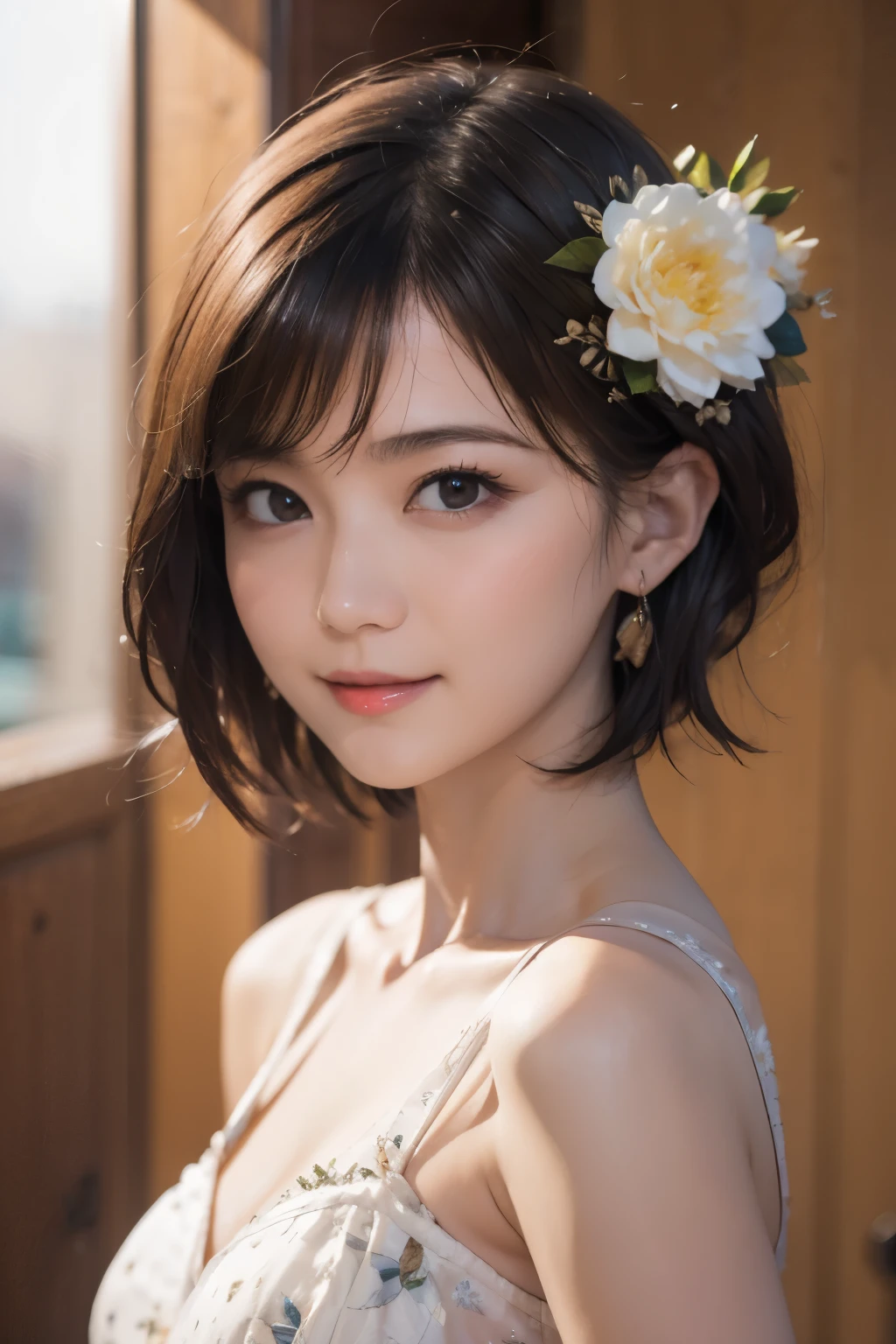 148
(20 year old woman,Floral costume), (surreal), (High resolution), ((beautiful hairstyle 46)), ((short hair:1.46)), (gentle smile), (breasted:1.1), (lipstick)