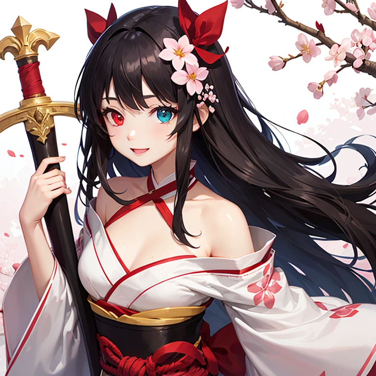 Himecut, Black long hair, Red ribbon sprained on both sides,Holding a big pink long sword, big eyes, perfect face, 20-year-old woman, White kimono with exposed shoulders and red straps, cherry blossom background, small waist, heterochromia eyes, smiley face, big bust , Big stature