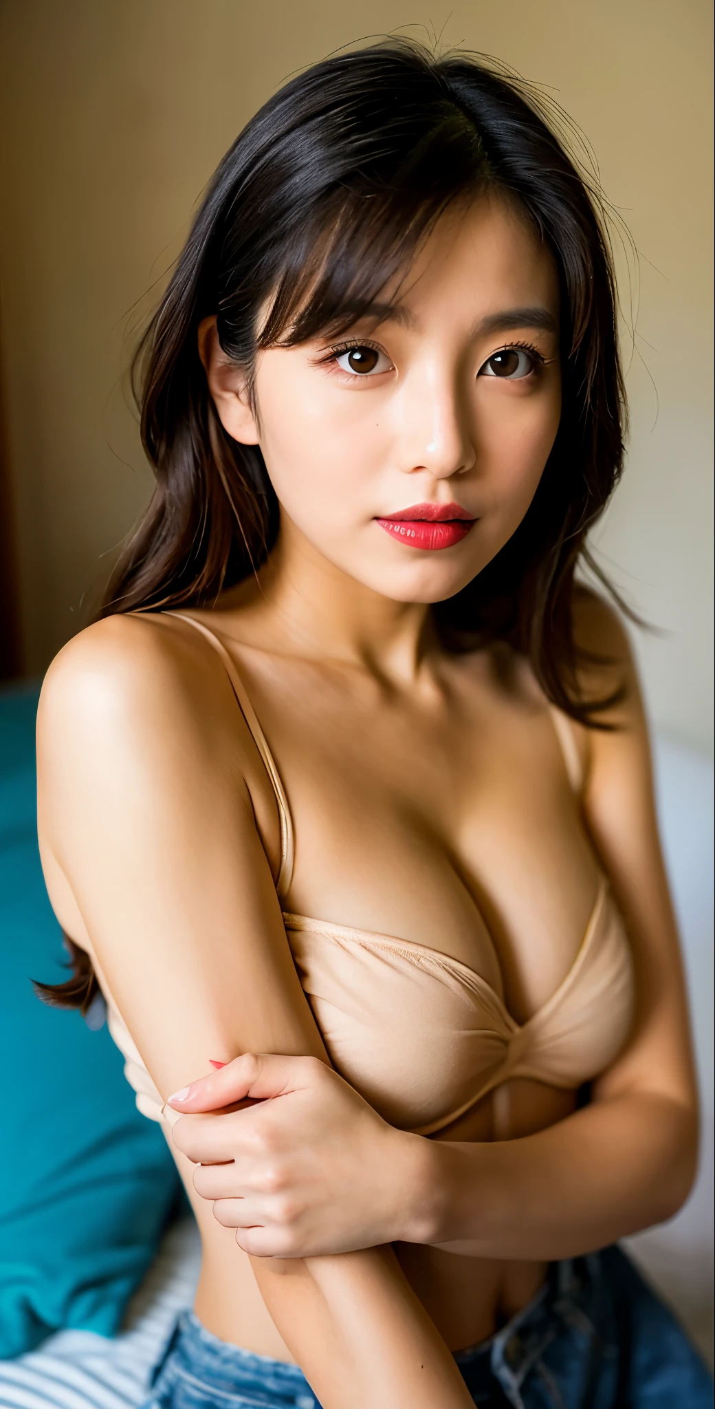 Extremely realistic，stand up straight，Hold your chest out，The most beautiful woman here，Sleeping on a bed of milk，Simple background，4086kbit，Extreme details，The truth of the skin and the texture of the skin，plenty of sunshine，Yua Mikami，，Yui Aragaki，Mitami Hamabe，Rei Honjo，Yu Namiki，Yu Shinoda，Upper body close-up，red lips