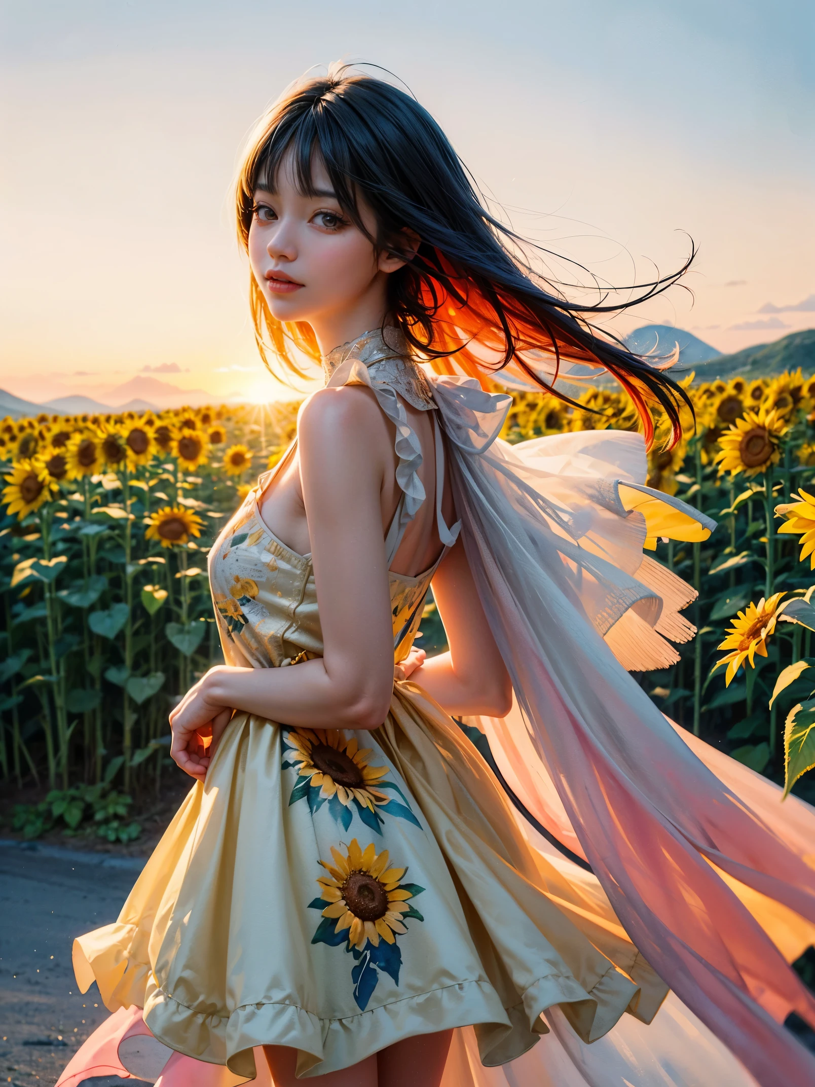 A beauty、sweet、善良的中国乡村girl，Long black hair and warm brown skin，Wearing a simple red dress，Very nice eyes and face，strawberry mouth，big watery eyes，long eyelashes，Beautiful teeth，Long legs，Perfect slender figure，Standing in a sunflower field at sunset，golden soft light，Beautiful village in the background，A river，A small bridge，mountains in the distance，（best picture quality，4k， 8k，high resolution，masterpiece：1.2），Super detailed，（Realistic，Realism:1.3），HDR，ultra high definition，Studio lighting，Super fine，sharp focus，Physically based rendering，Extremely detailed description，major，bright colors，Bokeh，Portrait photography，Dutch Golden Age，pastel colors，Sunset lights，，cute，girl, (floral watercolor painting:1.5)，(Super high saturation, bright and vivid colors:1.5), (nsfw), (Look at the audience head-on:1.5)