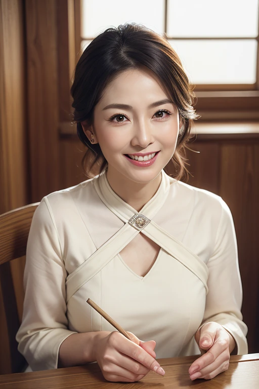 (8K, RAW photo, highest quality, table top:1.2), (realistic, Photoreal:1.37),1 girl, professional lighting, photon mapping, radio city, RAW photo、(Photoreal:1.4)、Ultra-detailed complex 3D renderings, soft light in the studio, rim light, vivid details, super detail, realistic skin texture, small black cheongsam dress, Beautiful Japanese actress in her 50s、1 girl, solo, , look at the audience、lips are lip gloss,Big eyes、eyelashes、I&#39;m embarrassed、((very beautiful beauty、stick out ears、long neck、smile a little、beautiful teeth、open your mouth and smile、heart-shaped pupil))、very cute super model、