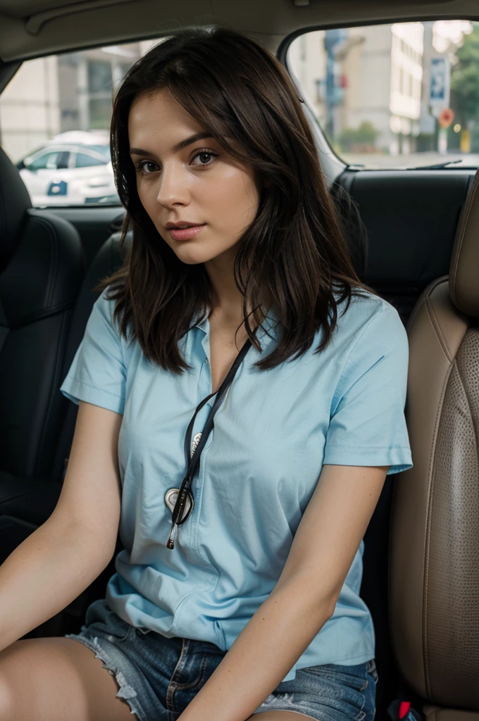 brunette woman inside the car on a daily basis holding a medicine