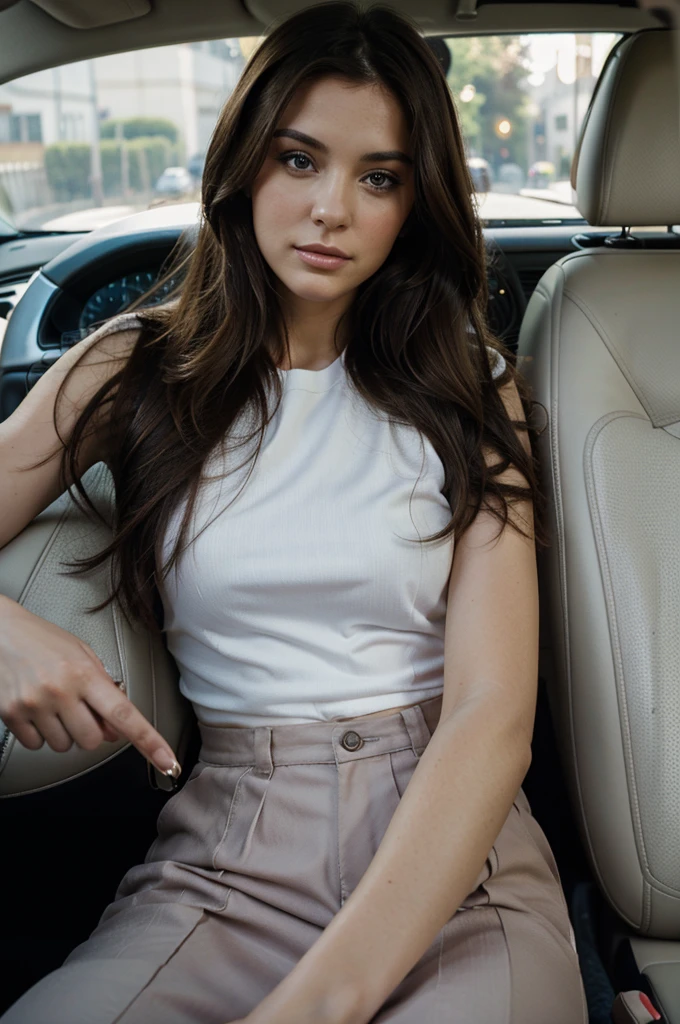 brunette woman inside the car on a daily basis holding a medicine