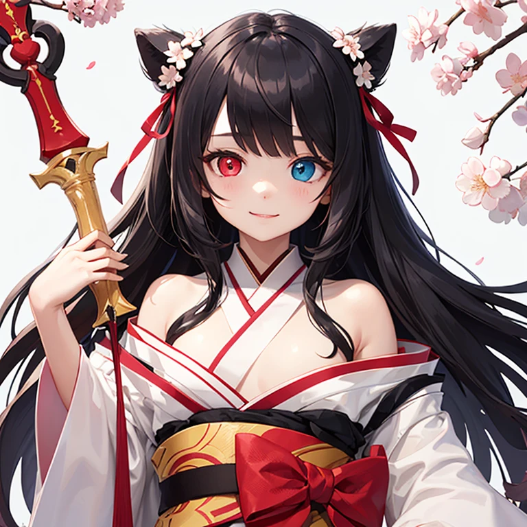 Himecut, Black long hair, Red ribbon sprained on both sides,Holding a big pink long sword, big eyes, perfect face, 20-year-old woman, White kimono with exposed shoulders and red straps, cherry blossom background, small waist, heterochromia eyes, smiley face, big bust , Big stature, Small face, big eyes