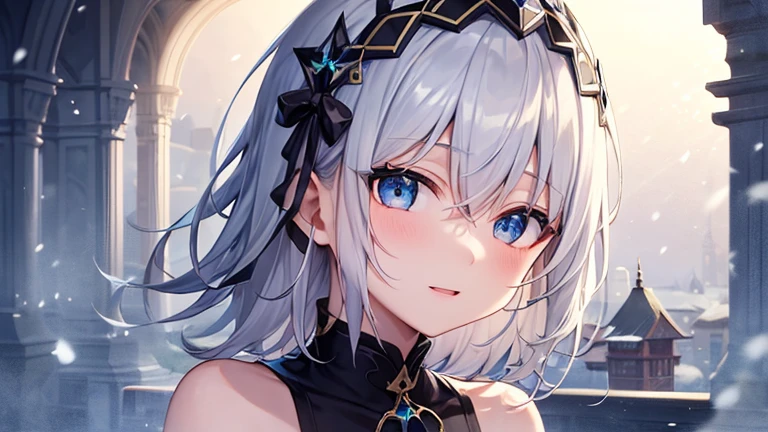 super high quality, with a girl, 20-year-old, very short hair, long bangs between the eyes, pale blue eyes , blue sky, sunlight, very detailed,(masterpiece、highest quality)、alone、gray hair、laughter、White skin as clear as snow、fantasy, silver hair, black eye, beautiful eyes,, ecstasy, charm, be smitten with audience, fantasyな風景、headband