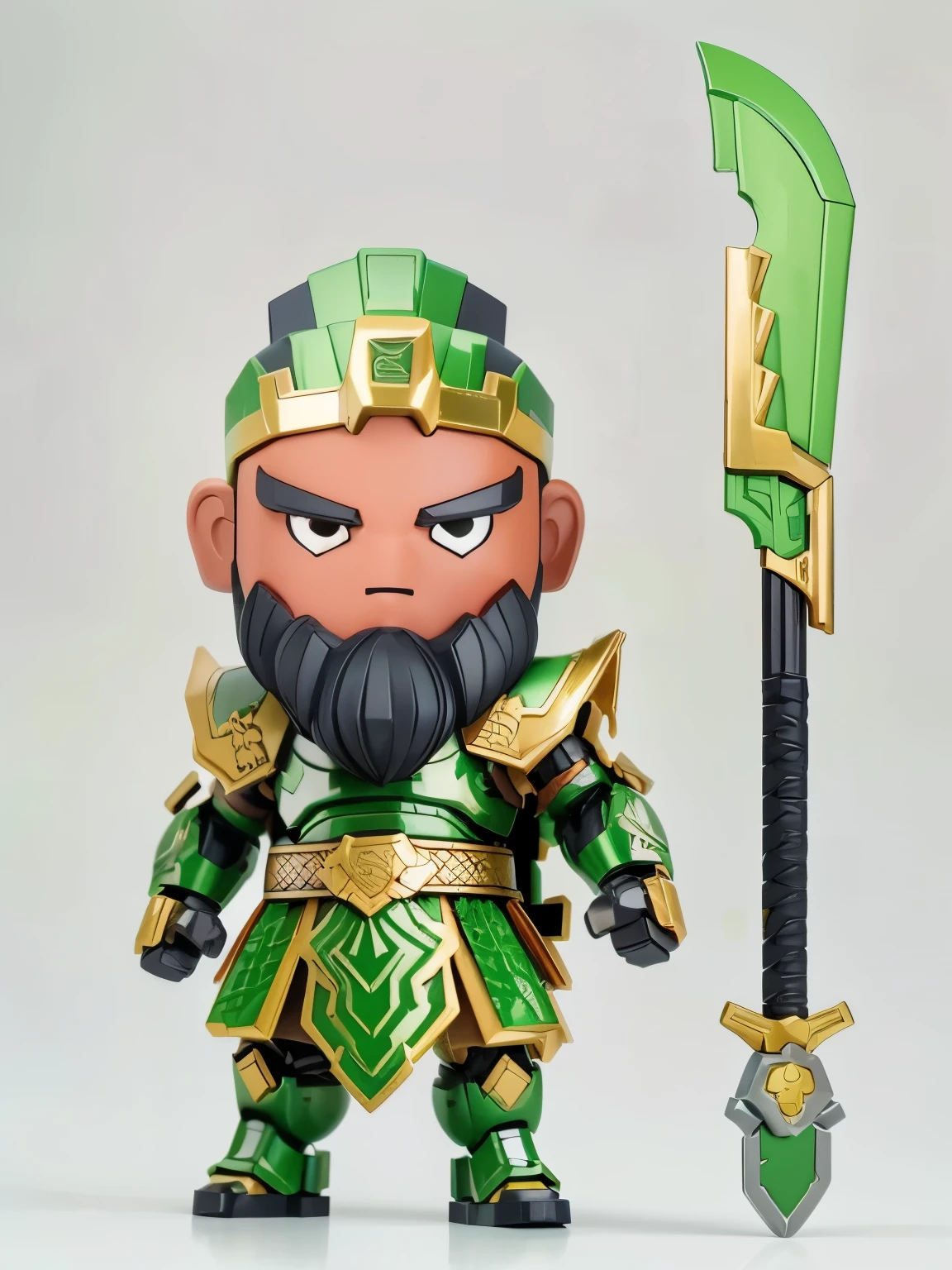 3d style,Brooke Infinite Heroes,(Mecha warrior building block toy man),Green ancient costume mecha armor,Puppet joints,Hand-held cold weapons,Green Dragon Moon Knife,(long black beard,Thick eyebrows,serious expression),whole body,fighting stance,Chinese ancient style,Mecha elements,《Romance of the Three Kingdoms》,Guan Yu