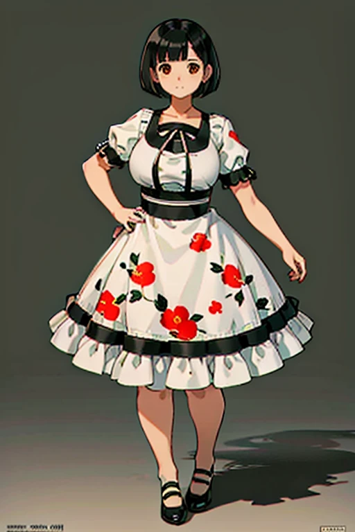 1 girl, ((masterpiece, side light, beautiful eyes: 1.2), Super detailed, ultra high resolution, professional lighting, high quality make up, beautiful detailed eyes), (highest quality:0.8), perfect anime illustrinion, beautiful, flin color background, simple background, whole body , looking for_in_viewer, 一人in, (whole body:1.5), (black hair:1.3), dark brown eyes, (big breasts:1), 一人in,Wasachiri, Huasachina, sash, puffy dress, dress, Puffy short sleeves, pantyhose, black shoes, Floral, print dress, put your hands on your hips, handkerchief,tof, (asymmetric bob cut:1.2),(low length:1.2),(Chubby:1.2),(おinこ:1.2),(boobs for days:1),(huge boobs:1),(short legs:1.2),(plump:1.2),(curvy:1.2),(chubby:1.2)
