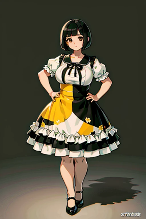 1 girl, ((masterpiece, side light, beautiful eyes: 1.2), Super detailed, ultra high resolution, professional lighting, high quality make up, beautiful detailed eyes), (highest quality:0.8), perfect anime illustrinion, beautiful, flin color background, simple background, whole body , looking for_in_viewer, 一人in, (whole body:1.5), (black hair:1.3), dark brown eyes, (big breasts:1), 一人in,Wasachiri, Huasachina, sash, puffy dress, dress, Puffy short sleeves, pantyhose, black shoes, Floral, print dress, put your hands on your hips, handkerchief,tof, (asymmetric bob cut:1.2),(low length:1.2),(Chubby:1.2),(おinこ:1.2),(boobs for days:1),(huge boobs:1),(short legs:1.2),(plump:1.2),(curvy:1.2),(chubby:1.2)