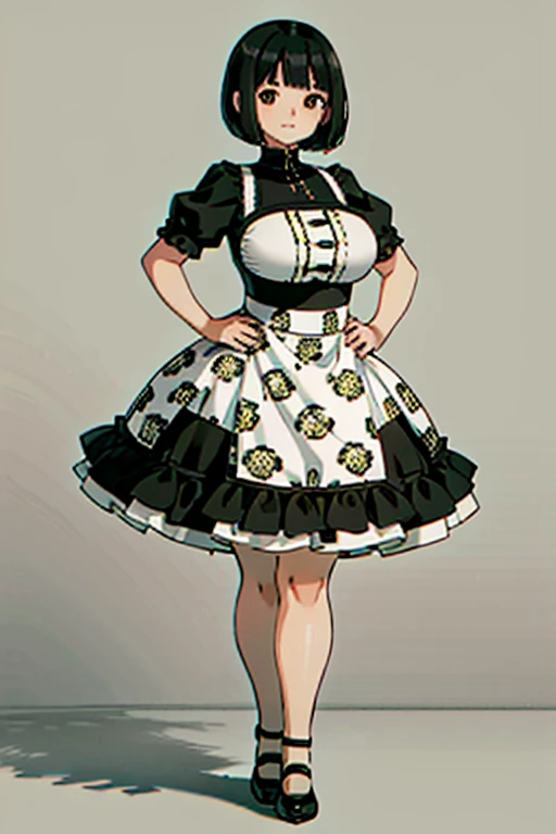 1 girl, ((masterpiece, side light, beautiful eyes: 1.2), Super detailed, ultra high resolution, professional lighting, high quality make up, beautiful detailed eyes), (highest quality:0.8), perfect anime illustrinion, beautiful, flin color background, simple background, whole body , looking for_in_viewer, 一人in, (whole body:1.5), (black hair:1.3), dark brown eyes, (big breasts:1), 一人in,Wasachiri, Huasachina, sash, puffy dress, dress, Puffy short sleeves, pantyhose, black shoes, Floral, print dress, put your hands on your hips, handkerchief,tof, (asymmetric bob cut:1.2),(low length:1.2),(Chubby:1.2),(おinこ:1.2),(boobs for days:1),(huge boobs:1),(short legs:1.2),(plump:1.2),(curvy:1.2),(chubby:1.2)