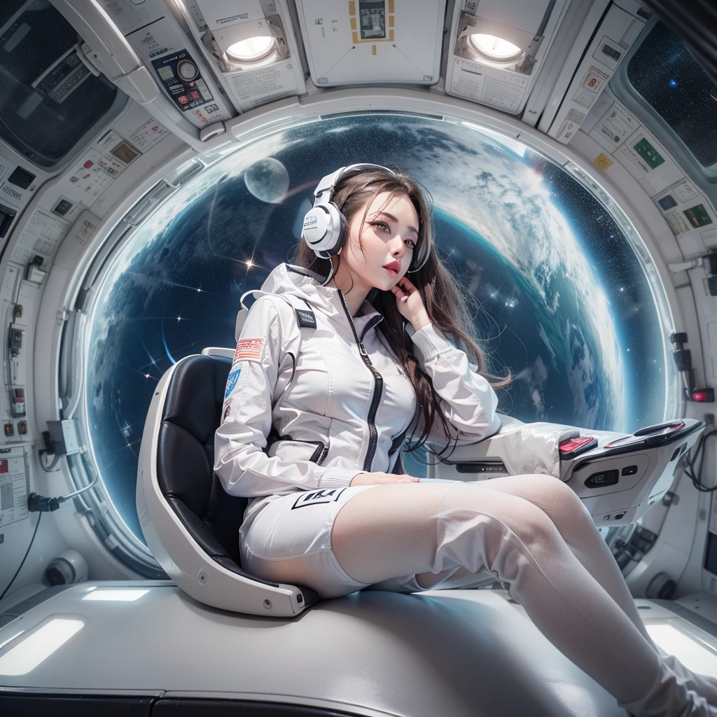 Seductive woman　perfect beauty　Very white skin　beautiful eyes　glossy lips　sit on seat，Legs up　Wearing a thin jumpsuit　Feature　earphone　inside spacecraft