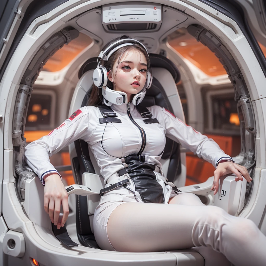 Seductive woman perfect beauty Very white skin beautiful eyes glossy lips sit on seat,Legs up Wearing a thin jumpsuit Feature earphone inside spacecraft