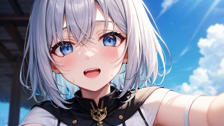 super high quality, with a girl, 20-year-old, very short hair, long bangs between the eyes, pale blue eyes , blue sky, sunlight, very detailed,(masterpiece、highest quality)、alone、gray hair、laughter、White skin as clear as snow、fantasy, silver hair, black eye, beautiful eyes,, ecstasy, charm, be smitten with audience, fantasyな風景、Sweat