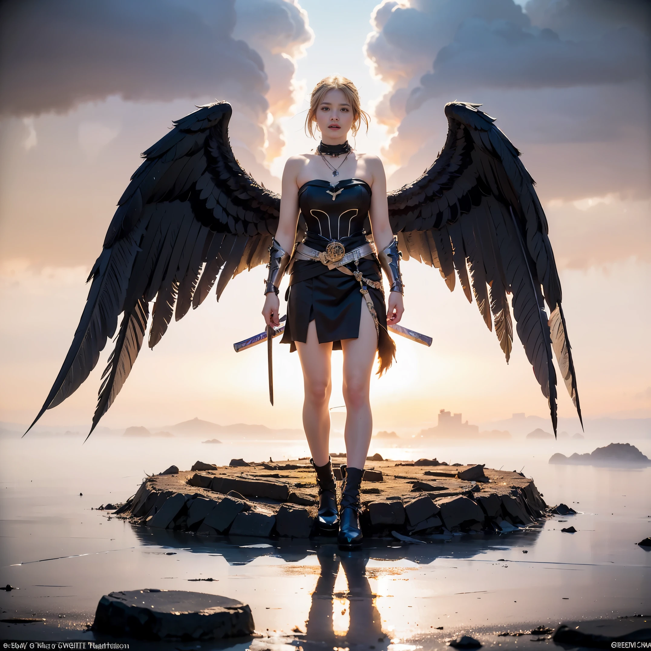 (Numerous award-winning masterpiece, with incredible detail, textures and maximum detail), (full-body standing image:1.8), (upper body up:0.2), (hyper realistic:1.5), best quality real texture skin, (Lord's army of underworld warriors fighting against heavenly warriors:1.8), (Holds a sinister straight sword hilt that emits an elaborately decorated glow of hellfire:1.9), (decadent beauty:1.7), (finely detailed true circle Symmetrical eyes), (finely drawn beautiful face), ((medieval world)), (Full body armor with delicate decoration that gives off a sinister shine:1.8), (full-body standing image:1.8), (Beautiful yet evil eyes), (Opens mouth wide and laughs happily), (cruel smile on the corner of mouth), (Eyes of a sinister color filled with malice), (The ring of impure light of the evil god's fallen angel floating above its head:1.8), (Majestic thunderclouds and sky with shining lightning:1.4), (Dirty Halo of the Underworld Optical Phenomenon:1.3), Dramatic Light, majestic sight, (Large wings with Jet black feathers behind the shoulders:1.7), (((Folded wings))), evil earrings on the ears, (((dramatic photo))), (full-body standing image:1.8), (evil pose), (golden hair), (silver hair), (chestnut hair), Short cut hair, ((looks up)), ((looking down)), (Around her neck is a simple necklace of exquisite workmanship), (Light-emitting magic emitted from fingertips:1.6), great temple, great cathedral, temple ruins, (Luminous magic circle), Ruins of an ancient castle, Deserted ruins, crumbling ruins, Ancient ruins with clear water, highly detailed, intricate details, painting (artwork), ((masterpiece,best quality)), ((cinematic light)), hyper realistic, fearsome, dark fantasy, Sacred Light, epic realistic, faded, ((neutral colors)), art, (hdr:1.5), (muted colors:1.2), hyper detailed, (art station:1.5), cinematic, warm lights, light effect, dramatic light, (intricate details:1.1), complex background, (Greg Rutkowski:0.8), (teal and orange:0.4),