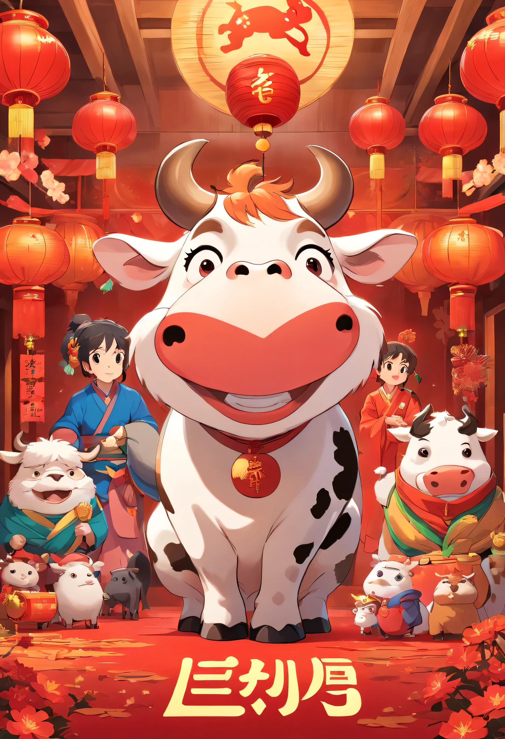 CNY,Festive animated cow,中國festive,Red,Pixar, ized,Business posters,There are decorations around,festive,