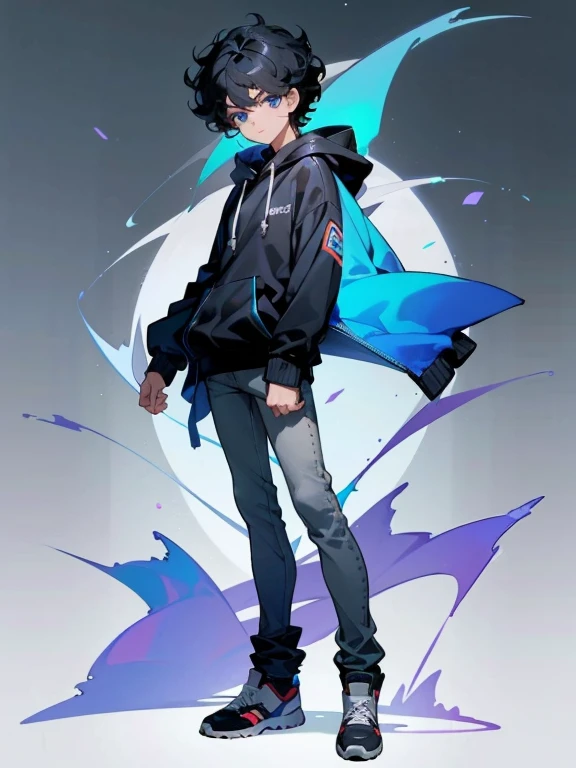 1 boy, juvenile，About 10 years old，handsome boy, black hair, curly hair，blue eyes，face is in front，whole body，he is wearing a white hoodie，The lower body is wearing black skinny jeans，For shoes, I wear high-cut sneakers，Standing picture，short sleeve