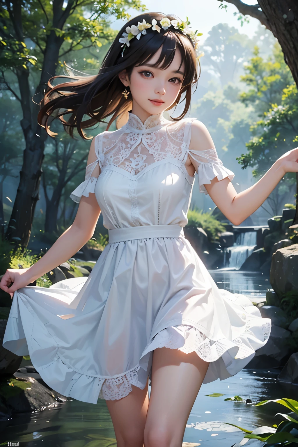 very cute and beautiful girl,frilled white sun dress with detailed lace,skirt lift,white panties,(wet clothes:0.7),
(highly detailed beautiful face and eyes:1.2),cowboy shot,(smile:1.2),black hair,flower crown,
(standing by water spring in forest),fog,fantastic stone monument,detailed landscape,
(best quality,masterpiece:1.2),(intricate details),extremely detailed,highres,solo,
cinematic lighting,dim light,dynamic angle,hair fluttering in the wind,ultra-detailed,