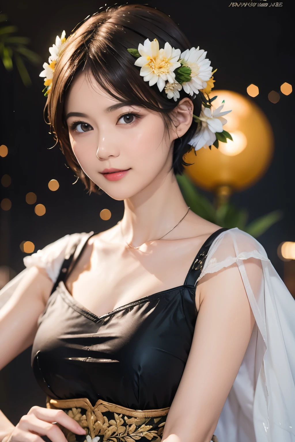 148
(20 year old woman,Floral costume), (surreal), (High resolution), ((beautiful hairstyle 46)), ((short hair:1.46)), (gentle smile), (breasted:1.1), (lipstick)