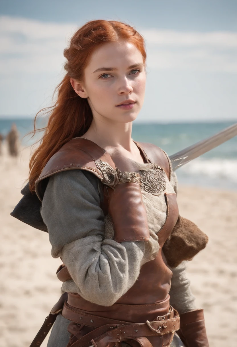 Norwegian girl ,Red-haired ponytail, dusty face, wearing leather armor, against the background of a sandy beach, sword in hands, Wind, photorealism, sharp focus, Realistic facial skin, oppressive atmosphere,View,erotic face、medieval female knight、Beautiful 13 year old Eyes、Beautiful girl wearing white sarouel pants、whole body posture