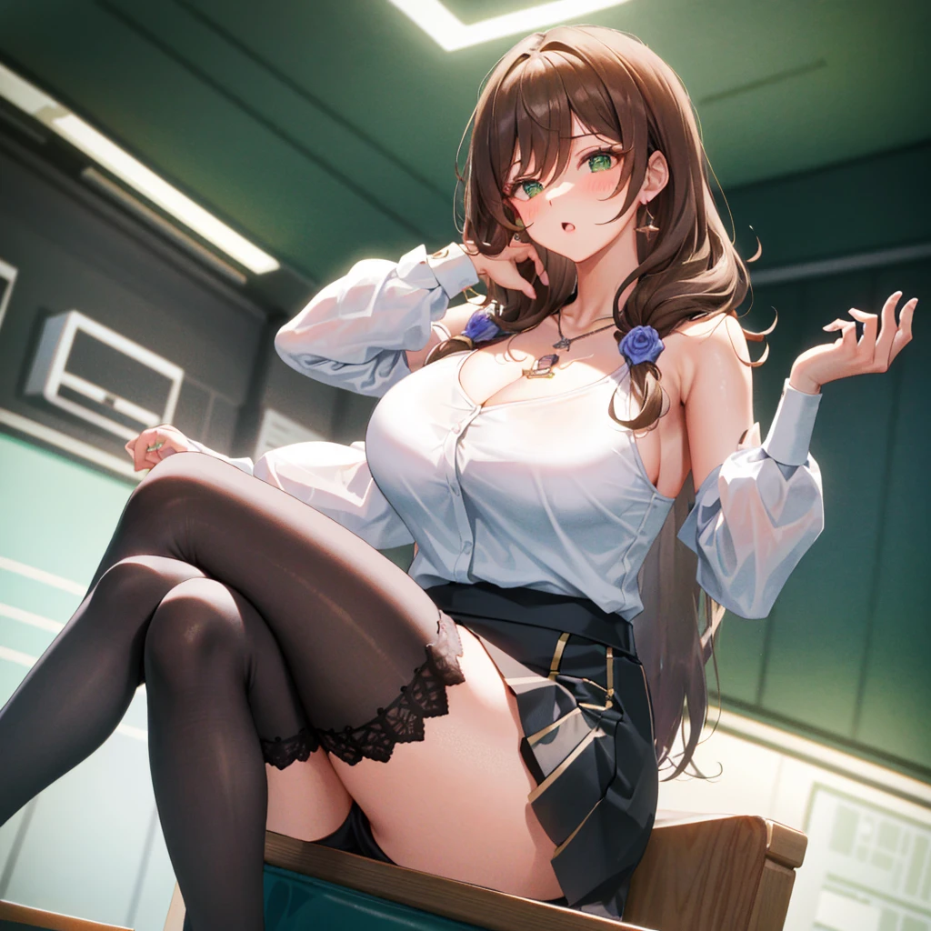 (Physical Education Sitting Poses:1.3), Lisa, genshin impact, 1 girl, alone, ((white shirt)), black Thighhighs, huge breasts, big breasts, cleavage, uniform, office background, black skirt, pleated skirt, office, hair between eyes, messy hair, big breasts, long hair, brown hair, red short nails, green eyes, alone, Thighhighs, thighs, very long hair, ((masterpiece)), classroom, Mechanical, Chair, board, class board, Teaching, blush, adult woman, erotic woman,open your mouth a little, close your eyes, sweating, I can see through my clothes, Curvaceous, (put your hands behind your head), Pose that shows off your armpits, raise your arms, slender woman, Chest about to tear,