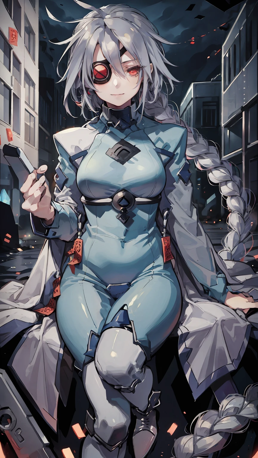 1girl, solo, red eyes,eyepatch on right eye,gray hair,((single Braid)),modern buildings on the background,in the dark,best quality, high quality, masterpiece, ultra-detailed 