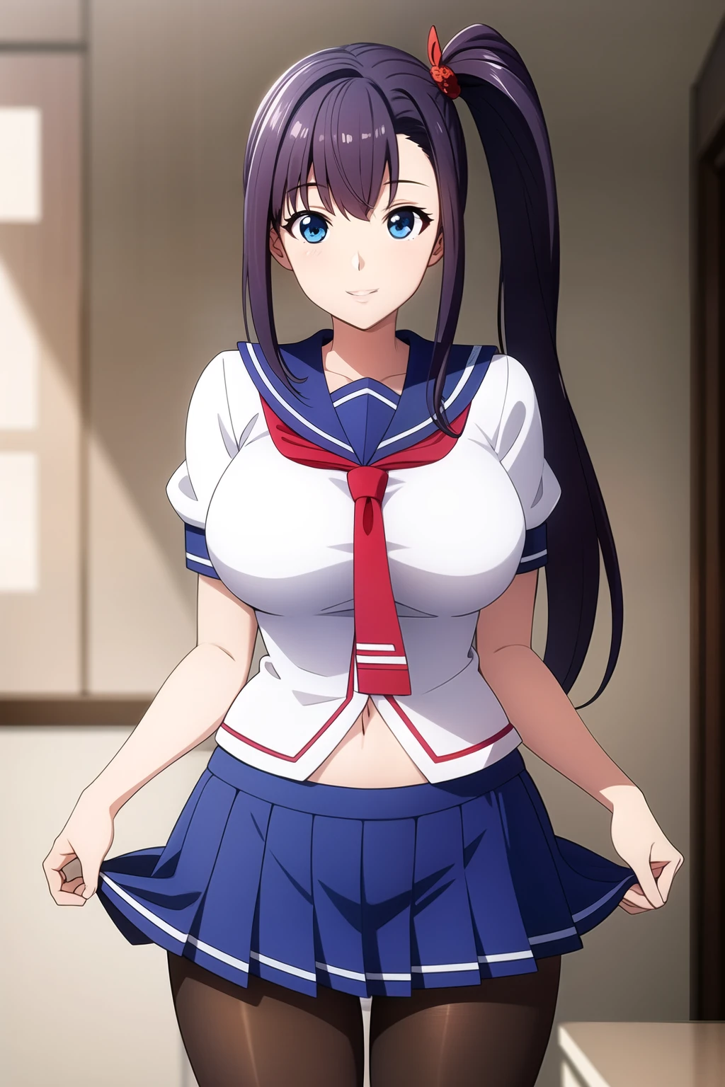 perfect eyes:1.2, detailed eyes:1.4, glossy skin:1.2, Blue sailor collar, school uniform, large breasts, skindentation, cowboy shot, pantyhose, serafuku, short sleeves, Red neckerchief, White shirt, Blue eyes, Purple hair, bangs, side ponytail, Hair ornament, 20yo, Young female, Beautiful Finger, Beautiful long legs, Beautiful body, Beautiful Nose, Beautiful character design, perfect balance, smile, 1girl, solo, (masterpiece:1.6, best quality), 8k, insane details, intricate details, hyperdetailed, hyper quality, high detail, ultra detailed, professional, HDR, ray tracing reflection, cinematic lighting,
