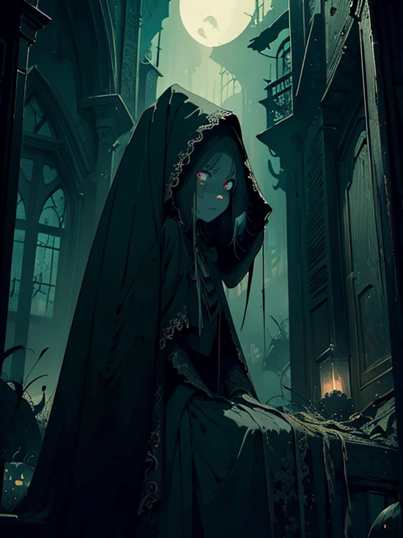 (best quality,In 4K,High resolution,muste piece:1.2),Super detailed,Reality,high contrast,Halloween,人撮Shadow,deep green,gothic font,haunting,Expressive,colored,mood lighting,decoration,mask figure,bright orange pumpkin,ominous atmosphere,eerie eerie atmosphere,Elements of surrealism,Attention to detail,Impressive brushwork,striking contrast,creepy,etheric,ghost,Shadow,mysterious,MACABRO,that'that'that'It's tragic,witch,Haunted house,broody,Scary,anxiety,Undeservedly beautiful,Unforgettable charm,persuasion,Fascinating,haunting,image of memories