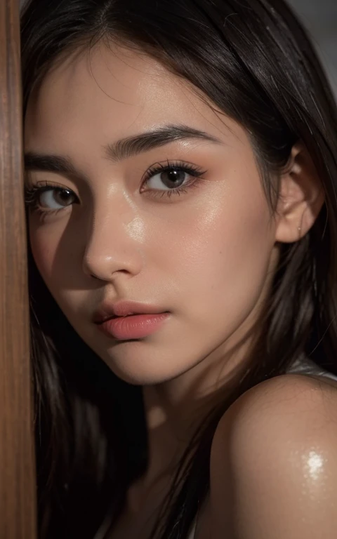 Close-up of young dark-skinned Latin woman Sexy woman from Mexico, in very realistic 8k, beautiful brown eyes, thick eyebrows, thick and full lips, upturned nose like Scarlett Johansson's, parted chin, beautiful big round eyes, long hair , straight, black and hairstyle tied with a ponytail to see his ears, with glasses and very sexy nude body