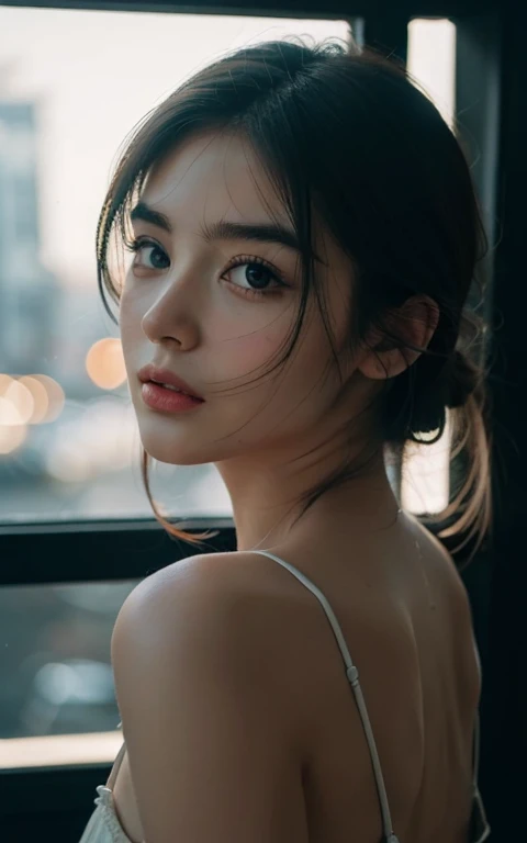 ((((8K, Photography, RAW photo, hyperrealism, masterpiece, best quality, ultra highres)))), (pin light, back light, backlighting, cinematic light), sharp focus:1. 4, (hyper detail, finely detailed), face close-up, close-up, 1girl, Egg-shaped face with cat-like eyes, small and plump lips, straight and cute nose, slightly blushing cheekbones, thick eyebrows and long and pretty eyelashes.