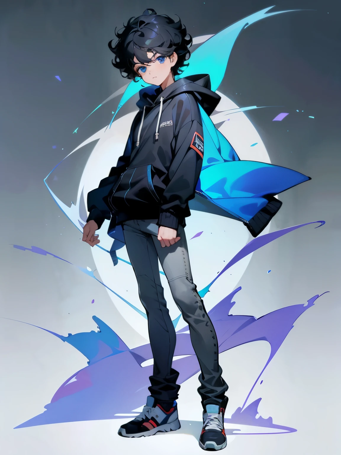 1 boy, juvenile,About 10 years old,handsome boy, black hair, curly hair,blue eyes,face is in front,whole body,he is wearing a white hoodie,The lower body is wearing black skinny jeans,For shoes, I wear high-cut sneakers,Standing picture,short sleeve