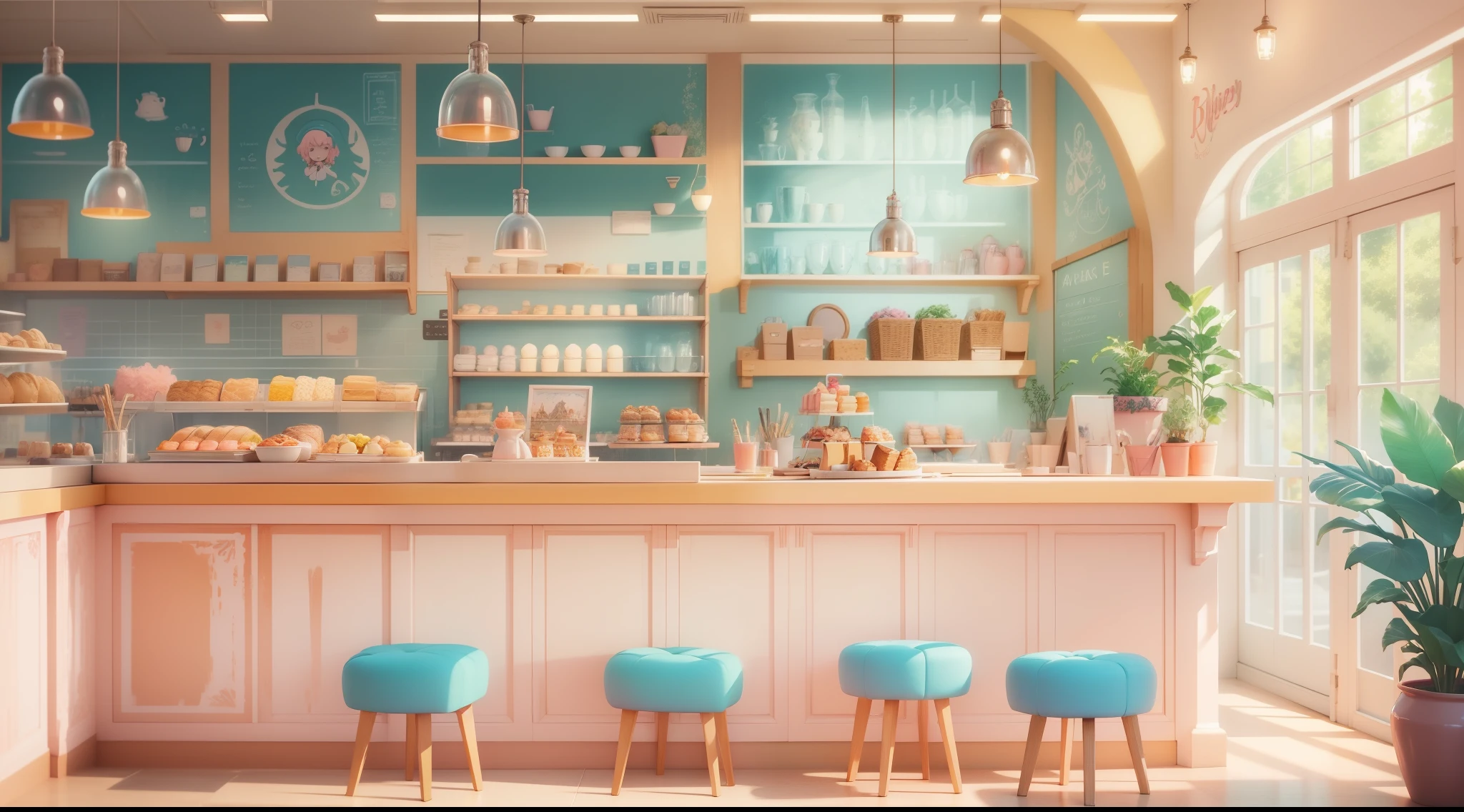 there is a painting of a restaurant with a pink and blue color scheme, cozy cafe background, anime background art, fantasy bakery interior setting, anime scenery concept art, interior background art, relaxing concept art, cafe interior, colorful anime movie background, kawaii hq render, style of madhouse studio anime, colorful concept art, background art, cafe, bright happy atmosphere