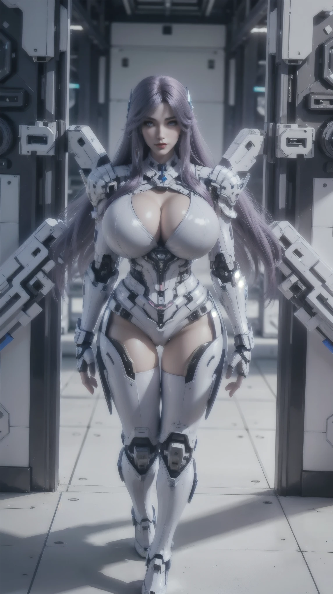 A beauty girl with purple hair, (REALISTIC:1.2), (PHOENIX ACCESORIES:1.1), (BIGGER BUTTOCKS,HUGE FAKE BREASTS:1.5), (CLEAVAGE:1.5), (MUSCLE ABS:1.3), (MECHA GUARD ARMS:1.1), (BLUE LATEX FUTURISTIC CUBER BREASTPLATE, BLACK MECHA SKINTIGHT SUIT, WHITE MECHA GUARD ARMOR LEGS, HIGH HEELS:1.5), (MUSCULAR BODY, SWEATY SKIN, SEXY LONG LEGS:1.1), (LOOKING AT VIEWER:1.3), (female focus:0.9), (STANDING ON HALLWAY OF FUTURISTIC SPACE STATION:1), (BRIGHT LIGHT WHITE_ROOM:1.3), HYPER TEXTURE, 4X MSAA, UNREAL ENGINE RENDER, PHYSICALLY-BASED RENDERING, ULTRA HIGHT DEFINITION, 16K, 1080P.