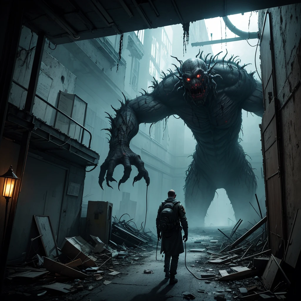 (best quality,4k,8k,highres,masterpiece:1.2),ultra-detailed,(realistic,photorealistic,photo-realistic:1.37),scenic artwork,scp foundation abandoned lab,giant monster,creepy atmosphere,dark and mysterious setting,decaying walls and broken windows,dilapidated equipment and machinery,dangerous and otherworldly creature lurking shadows,ominous red emergency lighting,terrifying presence,scientific experiment gone wrong,isolated and desolate location,ominous signage warning of danger,unstable and eerie atmosphere,dimly lit corridors,research documents and scattered papers,chaos and destruction,excessive security measures,frightened personnel fleeing,monstrous shadows and distorted figures,doom and impending danger,haunting and suspenseful,post-apocalyptic vibes,lurking horrors in every corner,foreboding sense of unease,crumbling infrastructure,dystopian nightmare,distorted reality,flickering lights casting eerie shadows,forbidden knowledge and forbidden experiments,desperation and fear,exposed wires and leaky pipes,overgrown vegetation reclaiming the lab,menacing and towering presence of the escaped monster,panic and chaos,glimmers of hope amidst the darkness,stress and tension,unthinkable consequences,unforeseen dangers,abandoned test tubes and shattered glass,trapped in a nightmare,frantic efforts to contain the monster,sketches and diagrams of the creature,doomed facility in disarray.
