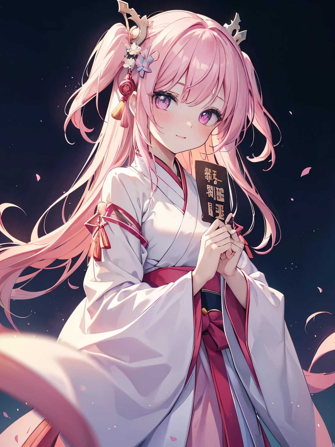 masutepiece, Highest Quality, (Perfect face:1.1), (high detailing:1.1), (ultradetailed eyes), Dramatic, superfine illustration, Extremely detailed,1girl in, (pale skin), Happy, Laugh, Enjoy, Cheerful,gloweyes, two side up,PINK hair,Ethereal eyes, pink eye,blush, Solo,Pouty lips,Cinematic lighting,Looking at Viewer,Cowboy Shot, {PINK hanfu, long sleeves,wide sleeves, Blue chinese clothes},blurry background, chinese traditional background