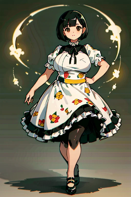 1 girl, ((masterpiece, side light, beautiful eyes: 1.2), Super detailed, ultra high resolution, professional lighting, high quality make up, beautiful detailed eyes), (highest quality:0.8), perfect anime illustrinion,  beautiful, flin color background, simple background, whole body ,  looking for_in_viewer, 一人in, (whole body:1.5), (black hair:1.3), dark brown eyes, (big breasts:1), 一人in,Wasachiri, Huasachina,  sash, puffy dress, dress, Puffy short sleeves, pantyhose, black shoes, Floral, print dress, put your hands on your hips, handkerchief,tof, (asymmetric bob cut:1.2),(low length:1.2),(おinこ:1.2),(boobs for days:1),(huge boobs:1),(short legs:1.2),(plump:1.3),(curvy:1.3),(chubby:1.3),(Chubby:1.3),