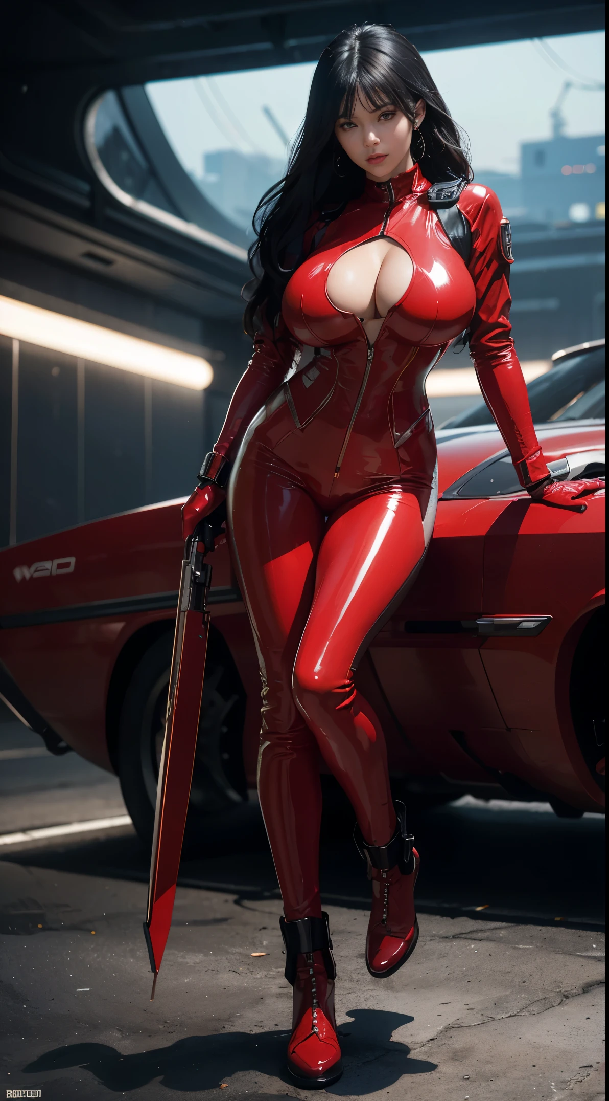 solo exhibition, ultra fine photos, Portrait of Unreal Engine 5 8K UHD girl in skinny futuristic red latex costume,(((Ridiculously large )))、(Ridiculously huge breasts(huge udder))、Wear with a white jacket,Sleek red suit,Red Iconic Figures,smooth red skin,Red body,PVC,Shiny latex clothes,rubbersuit,rubber belts,neckwear,Futuristic full-face helmet,Futuristic rubber gloves,Futuristic high boots,arm and leg cuffs, band, Cyberpunk world, Have a gun, best qualtiy, tmasterpiece, offcial art, Unified 8K wallpapers, super detailing, tack sharp focus, dynamicposes, Body parts, no extra limbs, Precise anatomy