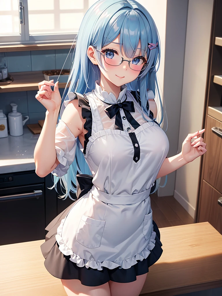 ((masterpiece)), ((highest quality)), (super detailed),Rem(Re:zero) , ((cute)), cute, (Lovely), ((sexy)), (device), ((very detailed)), (beautiful),dynamic angle, cowboy shot, (from wildcard:1.4), clear outline, Gradation, (whole body concentration), Kitchen room, morning, cute , (alone:1.2), Nude Apron, 魅力的な目を持つ繊細でbeautiful魅力的な顔, beautiful light blue hair, blush eyeshadow, beautiful light blue eyes, pink skin, long hair, buttocks, ((big breasts)), Glasses, smile, blush, glitter effect, steam effect, shiny, shine