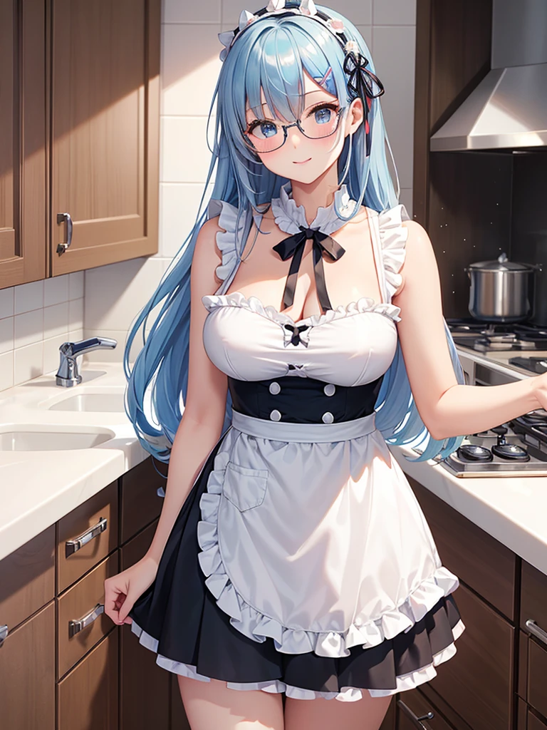 ((masterpiece)), ((highest quality)), (super detailed),Rem(Re:zero) , ((cute)), cute, (Lovely), ((sexy)), (device), ((very detailed)), (beautiful),dynamic angle, cowboy shot, (from wildcard:1.4), clear outline, Gradation, (whole body concentration), Kitchen room, morning,  cute 女の子, (alone:1.2), Nude Apron, 魅力的な目を持つ繊細でbeautiful魅力的な顔, beautiful light blue hair, blush eyeshadow, beautiful light blue eyes, pink skin, long hair, buttocks, ((big breasts)), Glasses, smile, blush, glitter effect, steam effect, shiny, shine