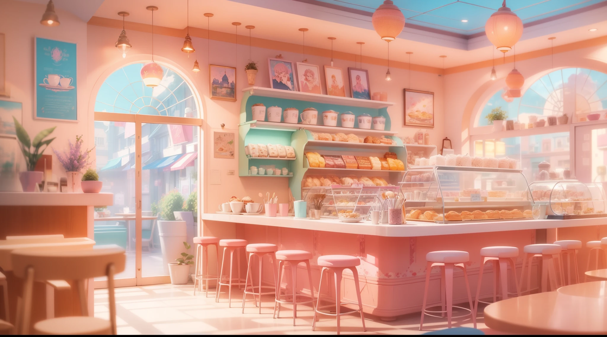 there is a painting of a restaurant with a pink and blue color scheme, cozy cafe background, anime background art, fantasy bakery interior setting, anime scenery concept art, interior background art, relaxing concept art, cafe interior, colorful anime movie background, kawaii hq render, style of madhouse studio anime, colorful concept art, background art, cafe, bright happy atmosphere