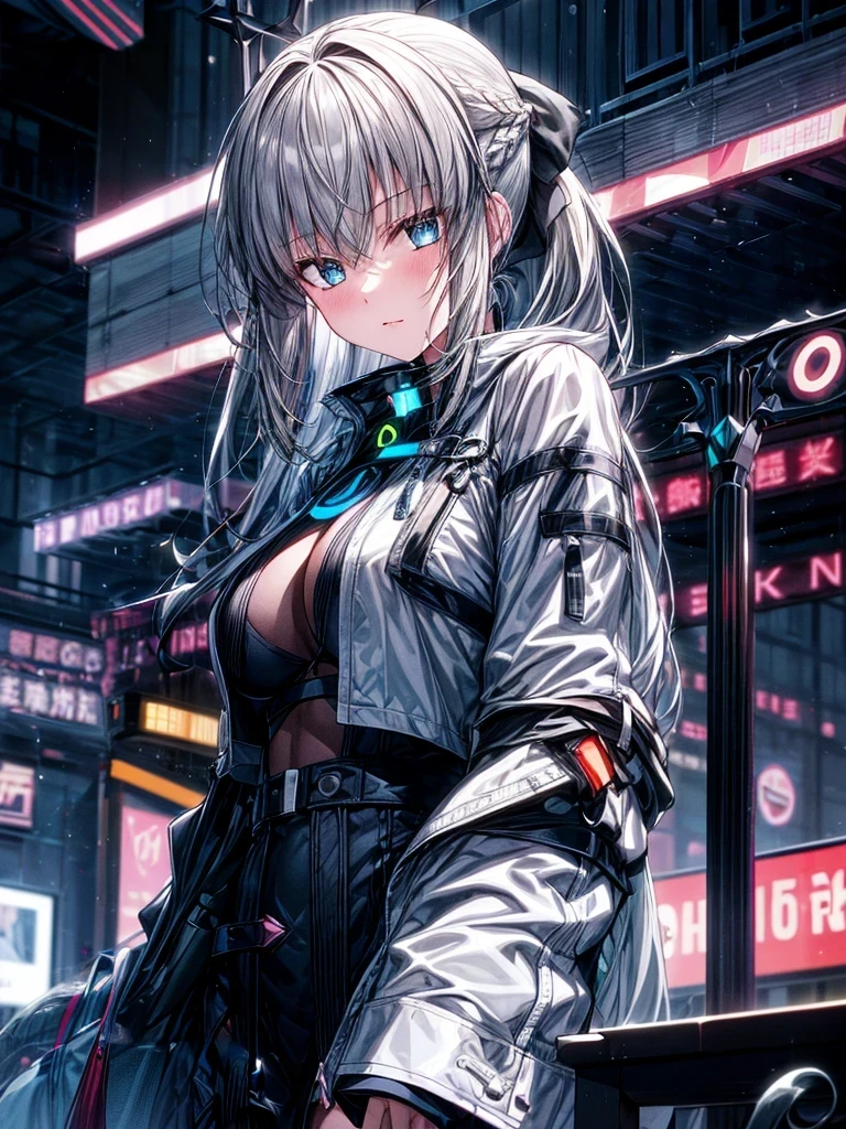 （Enrich the picture，Masterpiece level quality）Beautiful 8K CG artwork,1girl,solo,morgan le fay (fate),detailed face, perfect face, perfect eyes,blue eyes,Long Hair, pony tail,Very long hair, big boob, black bow,Hair Bow, thighs,side locks, French braid, grey hair,Slim and soft,big breasts,outdoors, night, neon lights,cyber punk,