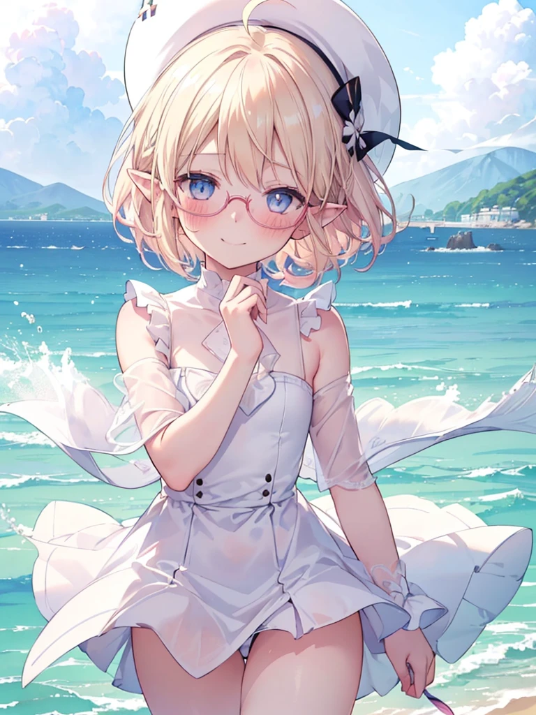 ultra detailed, best quality, high resolution, ((8k)), (( girl:1.3)), solo, pale skin, petite, (glossy blonde hair), (very short hair), blue eyes, (ahoge:1.3), (rimless glasses), ((pointy ears)), (blush:1.5), ((single short braid:0.8)), ((very happy smile:1.2)), ((face)), (white one piece), ((watercolor)), ((white hat)), (windy:1.5), clear sky, sea