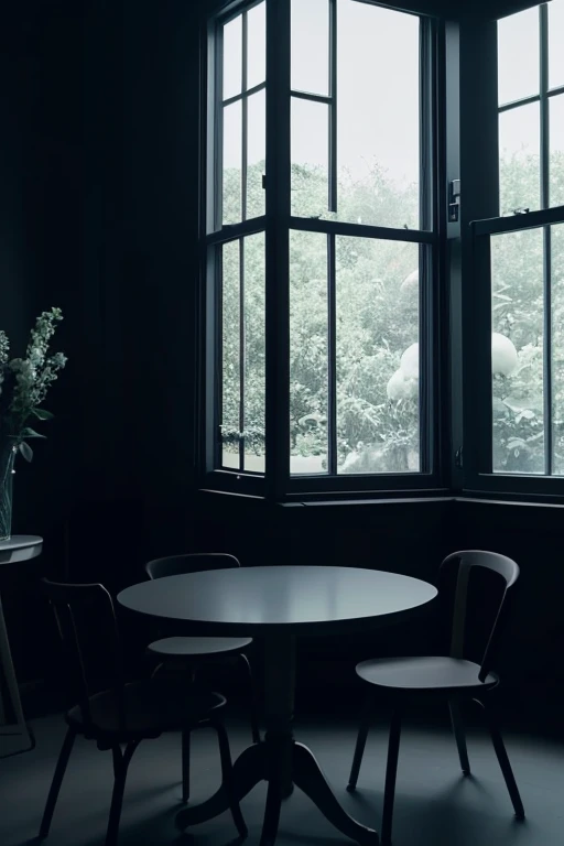 A cafe based on black and white,There is a round side table,There is a shortcake on top of it.,There is a white vase next to it.,There is a stool next to the table,Simple space,(slightly dark room:2),(There are no windows:2),Improved sense of space。
Well lit,sharp focus,The picture is delicate and delicate.,Gives a sense of realism and photorealism。This scene is a person々gives peace of mind to、Comfortable and elegant atmosphere,Packed with exquisite details and quality。