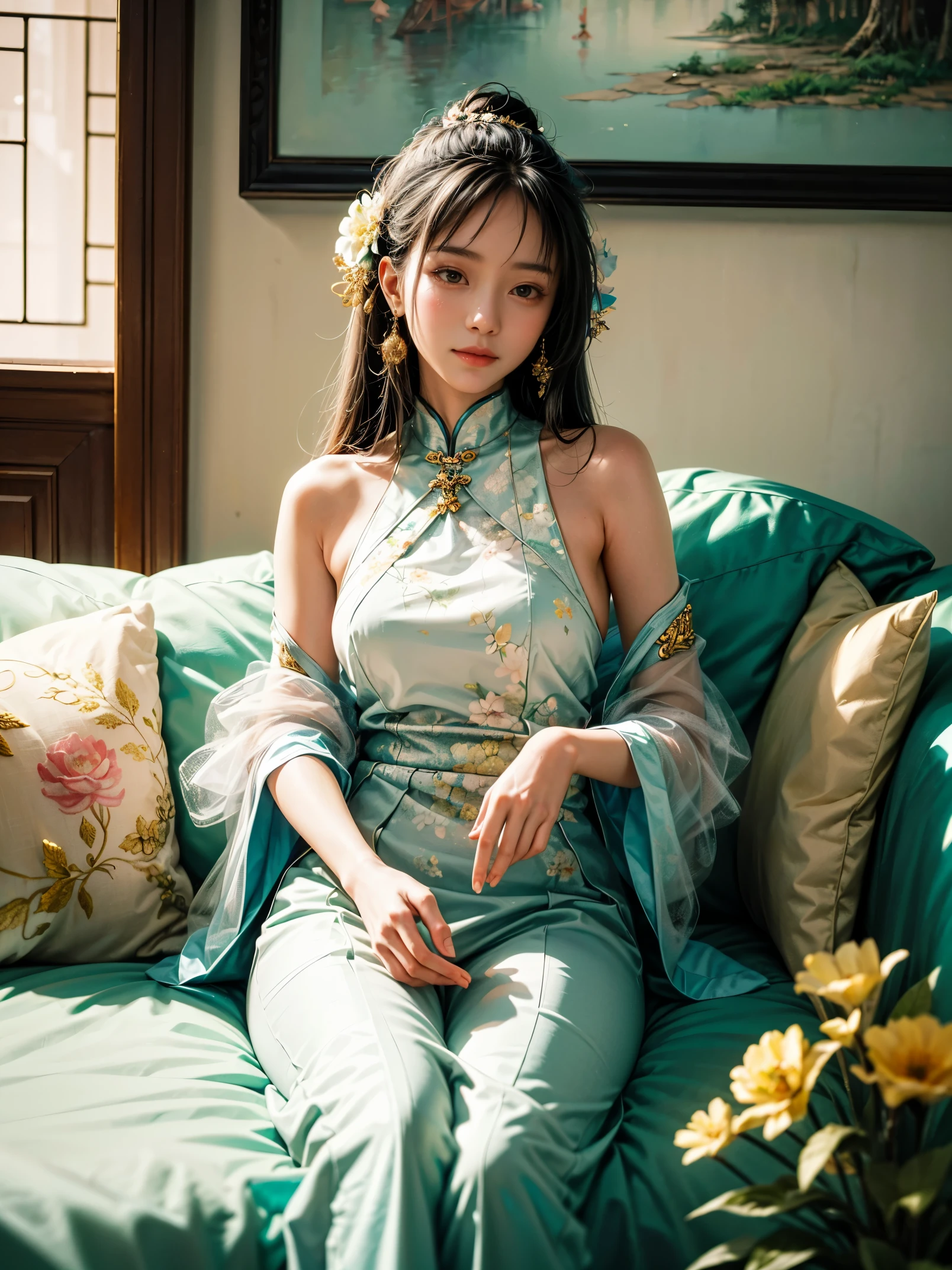 A gorgeous empress from the Chinese imperial court during the Qing Dynasty. She sits naked on a large yellow dragon embroidered sofa with her legs spread apart, her hair in double ponytails, wearing a gorgeous Chinese empress crown and a flower hairpin, and her hair is tied up and pulled up.
