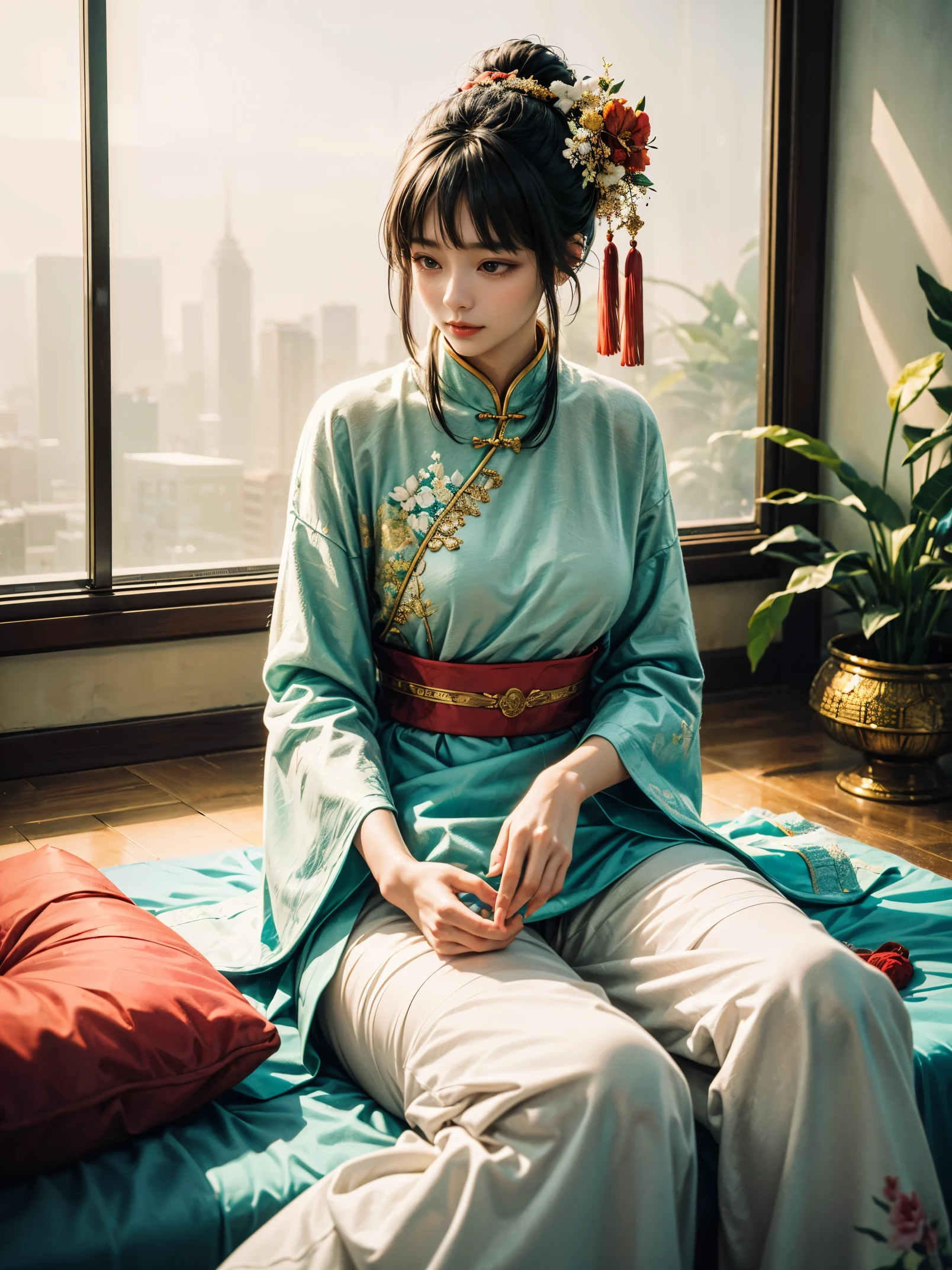 An imaginative and vivid depiction of the female figure,Think of it as your dream lover and life-long partner,Integrating the softness of traditional Chinese women with the role of modern Chinese housewives。This artistic expression highlights her nurturing and caring nature,It also shows her elegance and elegance。She is depicted with delicate features and warmth、seductiveexpression。Her outfit is a stylish fusion of tradition and modernity,reflects the duality of her character。she is depicted in a comfortable、in a modern environment,embodies a loving、The Essence of a Dedicated Companion and Homemaker。The background contains comfortable living space elements,Symbolizes stability and warmth。The overall style combines realism with fantasy,Capturing a dreamy contemporary aesthetic。 (floral watercolor painting:1.3),(Super high saturation, bright and vivid colors:1.3)