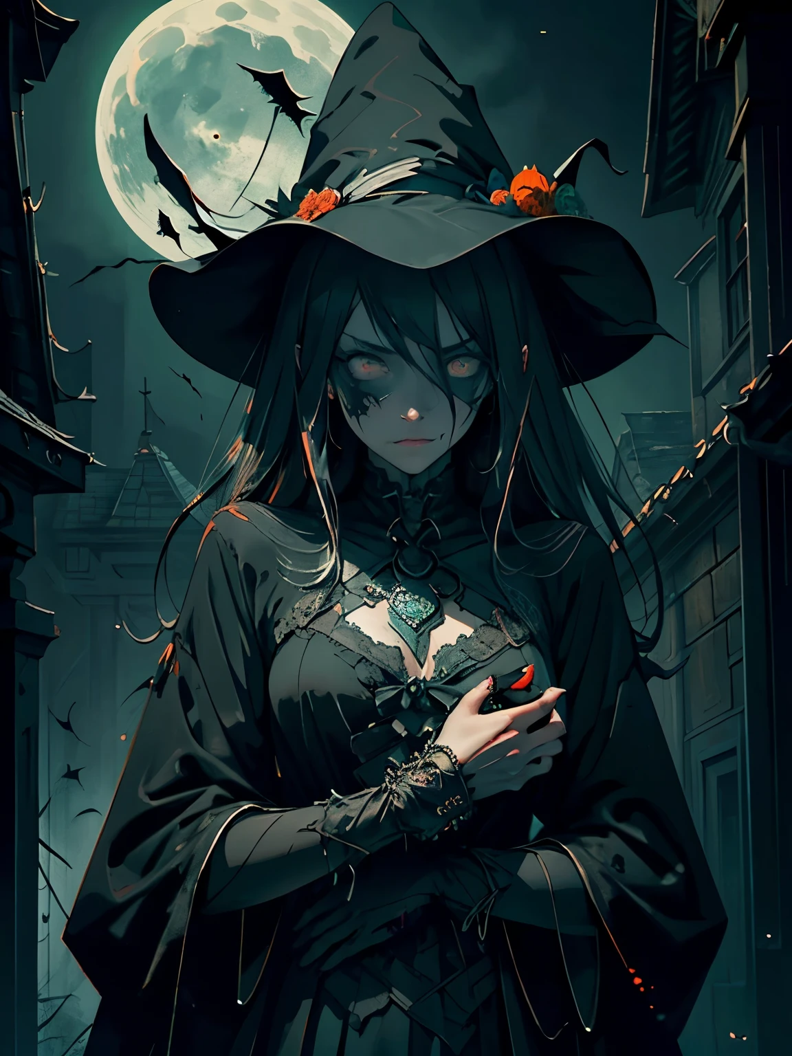 (best quality,In 4K,High resolution,muste piece:1.2),Super detailed,Reality,high contrast,Halloween,人撮Shadow,deep green,gothic font,haunting,Expressive,colored,mood lighting,decoration,mask figure,bright orange pumpkin,ominous atmosphere,eerie eerie atmosphere,Elements of surrealism,Attention to detail,Impressive brushwork,striking contrast,creepy,etheric,ghost,Shadow,mysterious,MACABRO,that&#39;that&#39;that&#39;It&#39;s tragic,witch,Haunted house,broody,Scary,anxiety,Undeservedly beautiful,Unforgettable charm,persuasion,Fascinating,haunting,image of memories