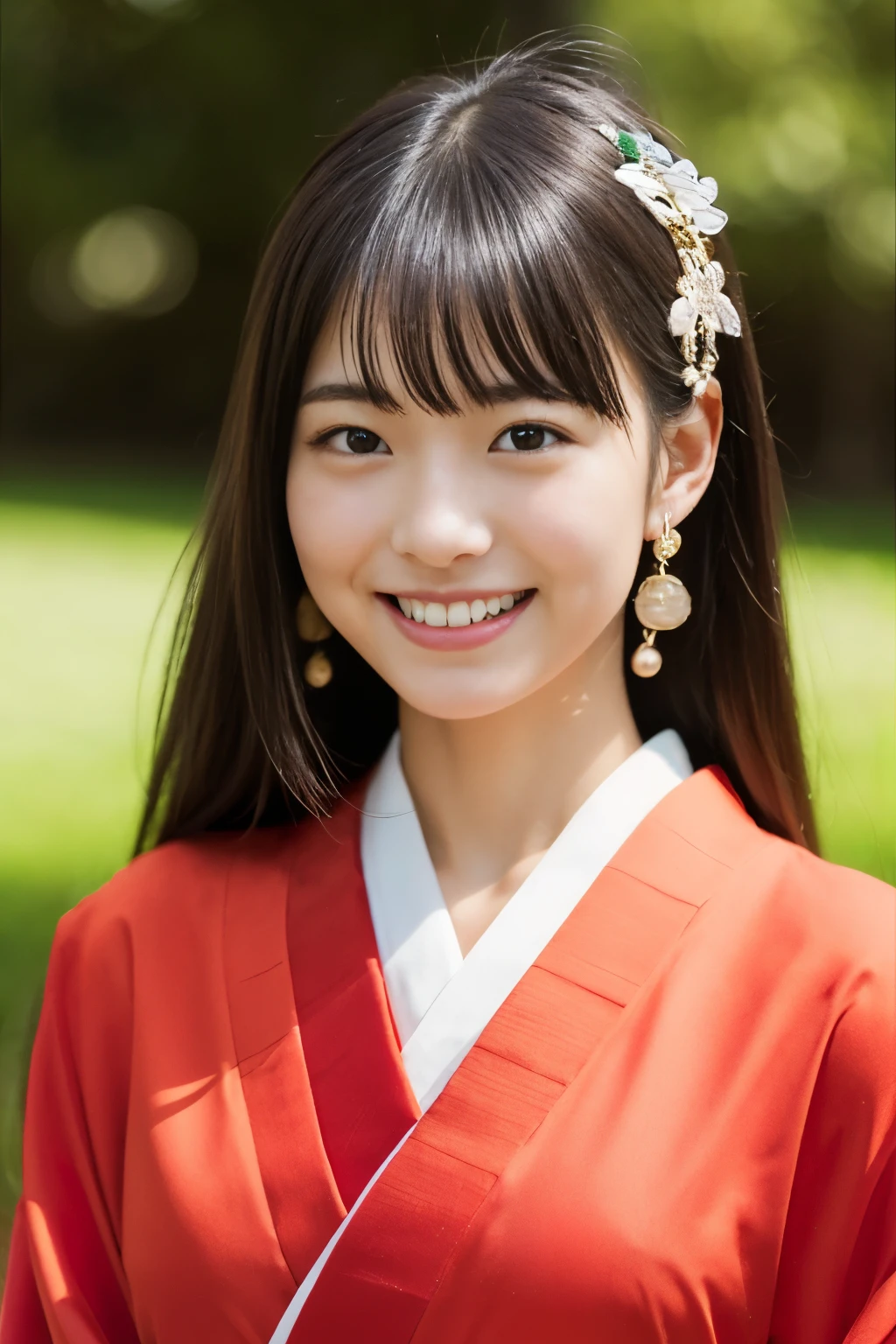 ((Show only the face、close up of face、Japan coming-of-age ceremony、bright red kimono))、cute japanese woman、17 years old、high school girl、young girl、have bangs、smile、double eyelid、hair ornaments